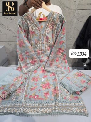Light Blue-Grey  Bin Saeed 3334 Ready-Made Organza Suit Set | Handwork Designer Collection