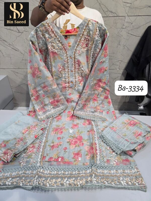 Light Blue-Grey Bin Saeed 3334 Ready-Made Organza Suit Set | Handwork Designer Collection