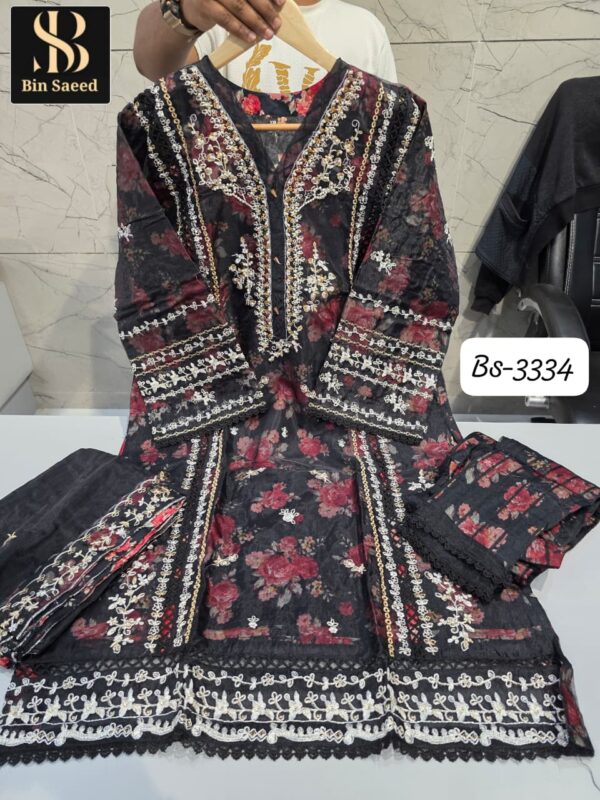 Black Bin Saeed 3334 Ready-Made Organza Suit Set | Handwork Designer Collection