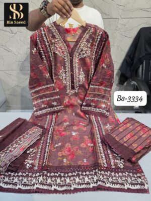 Maroon Bin Saeed 3334 Ready-Made Organza Suit Set | Handwork Designer Collection