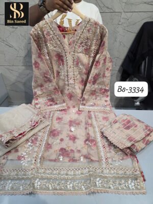 Light Beige  Bin Saeed 3334 Ready-Made Organza Suit Set | Handwork Designer Collection
