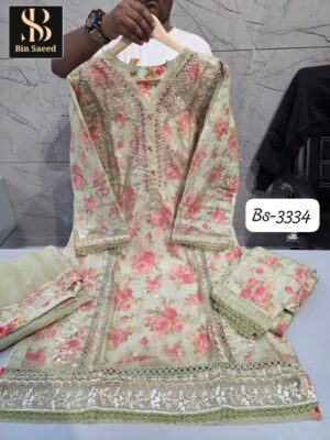 Mint Green   Bin Saeed 3334 Ready-Made Organza Suit Set | Handwork Designer Collection