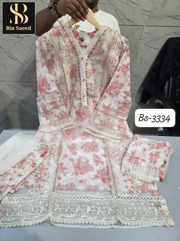 Ivory White Bin Saeed 3334 Ready-Made Organza Suit Set | Handwork Designer Collection