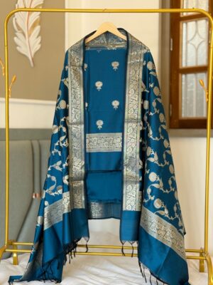 Teal Blue Exclusive Semi Silk Suit Set with Zari Butti Top & Jaal Zari Dupatta