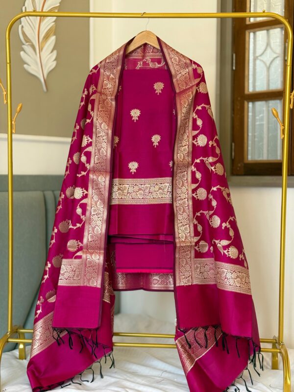 Rani Pink Exclusive Semi Silk Suit Set with Zari Butti Top & Jaal Zari Dupatta