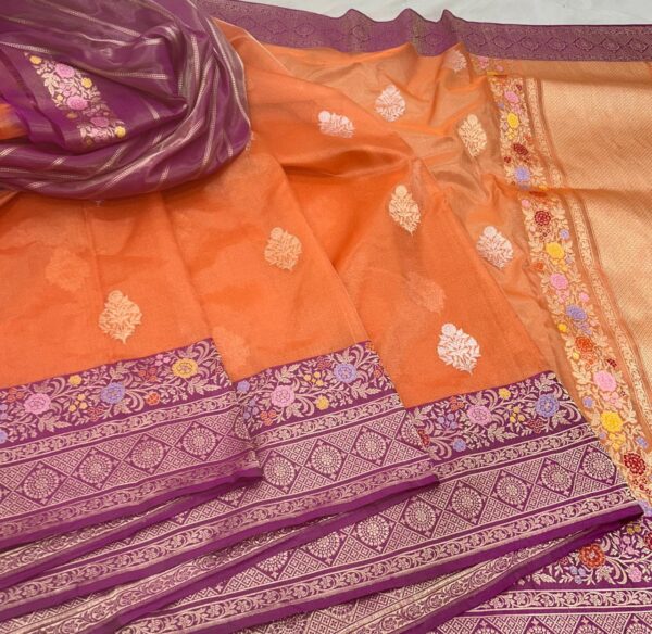 Orange Banarasi Pure Handloom Kadua Kora Silk Saree with Meenakari | Silk Mark Certified