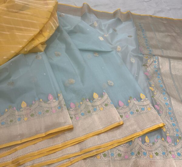 Sky Blue Banarasi Pure Handloom Kadua Kora Silk Saree with Meenakari | Silk Mark Certified
