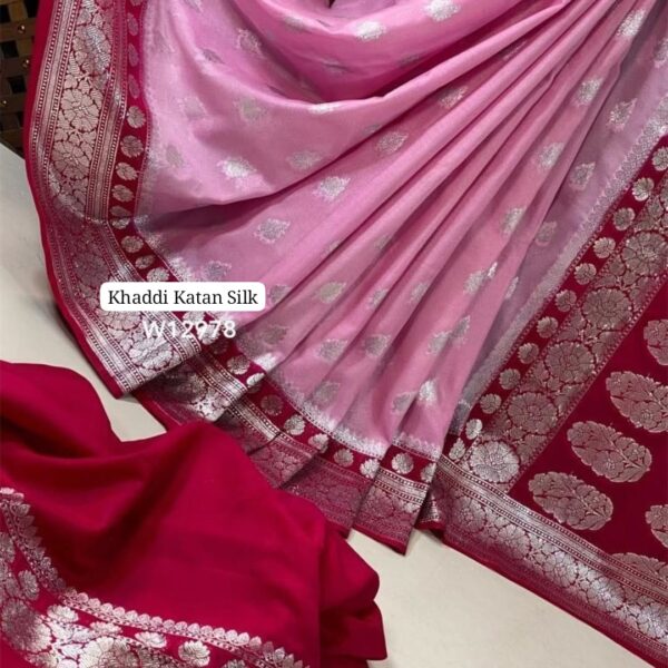 Light Pink Dyble Khaddi Georgette Katan Silk Banarasi Saree with Allover Zari Weave | Rich Border & Contrast Pallu