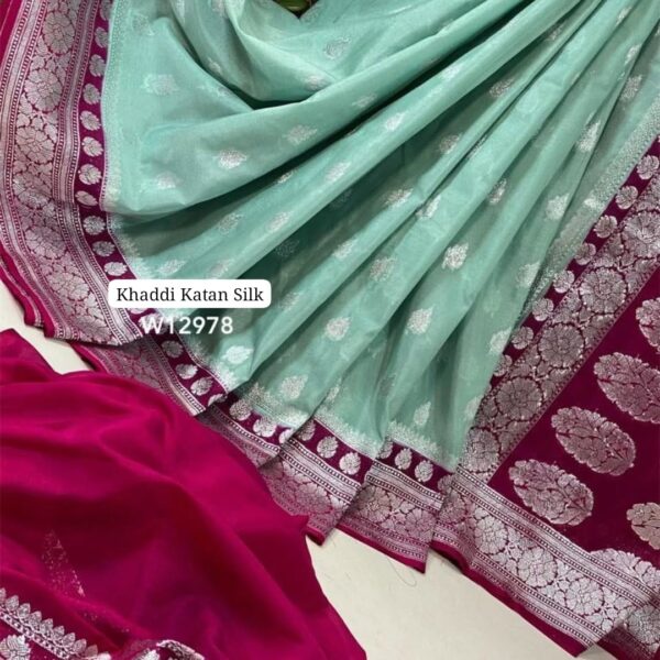 Mint Green Dyble Khaddi Georgette Katan Silk Banarasi Saree with Allover Zari Weave | Rich Border & Contrast Pallu