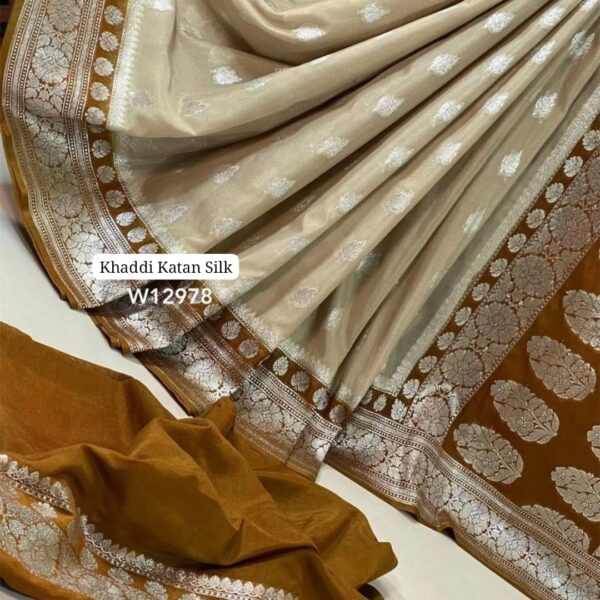 Brown Dyble Khaddi Georgette Katan Silk Banarasi Saree with Allover Zari Weave | Rich Border & Contrast Pallu