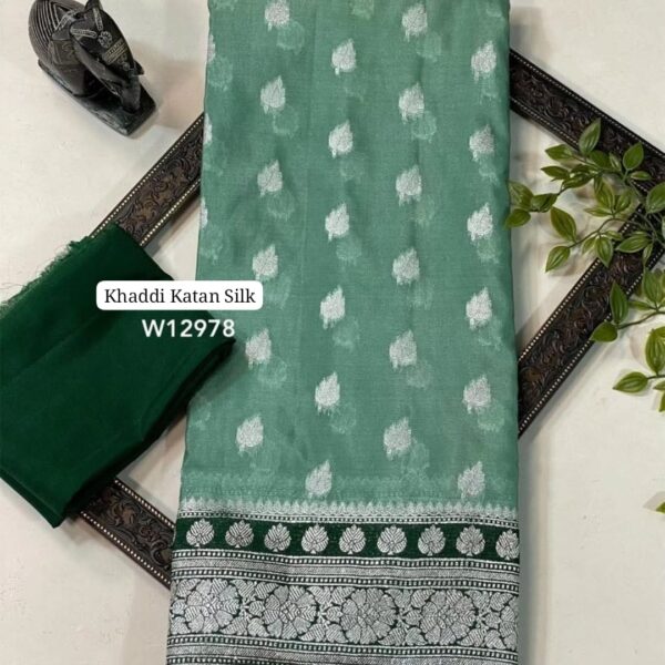 Mint Green Dyble Khaddi Georgette Katan Silk Banarasi Saree with Allover Zari Weave | Rich Border & Contrast Pallu