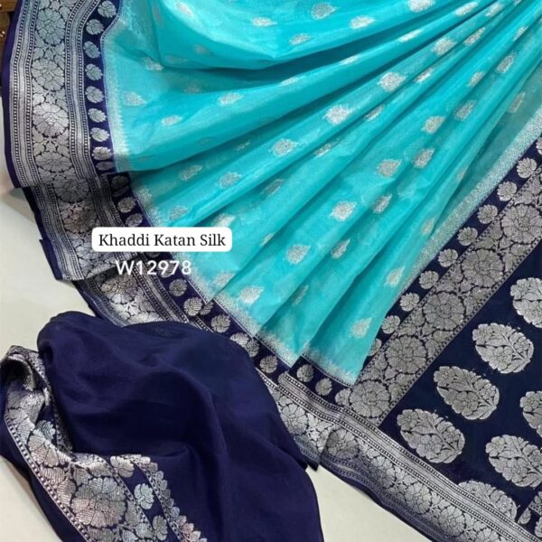Turquoise Blue Dyble Khaddi Georgette Katan Silk Banarasi Saree with Allover Zari Weave
