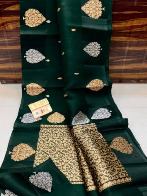 Bottle Green  Pure Handloom Banarasi Organza Silk Saree with Kadua Zari Weave | Silkmark Certified