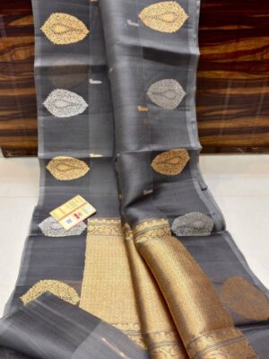 Grey Pure Handloom Banarasi Organza Silk Saree with Kadua Zari Weave | Silkmark Certified