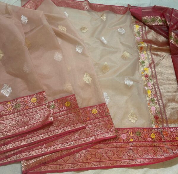 Light Peach Banarasi Pure Handloom Kadua Kora Silk Saree with Meenakari | Silk Mark Certified