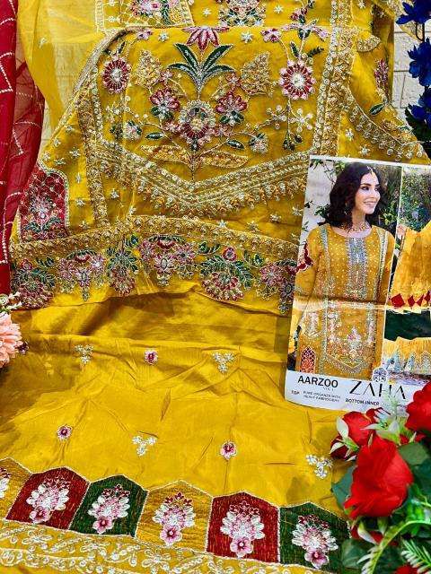 Yellow ZAHA AARZOO Vol-1 Pakistani Concept Organza Suit Set | Heavy Embroidery | D.No. 10282