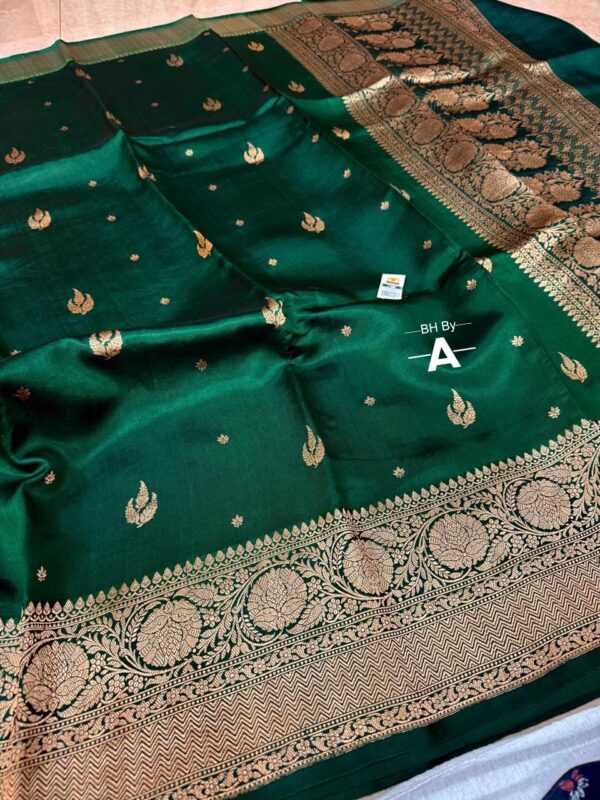 Dark Green Pure Raw Mango Silk Saree with Mashru Border | Handloom Woven | Silk Mark Certified