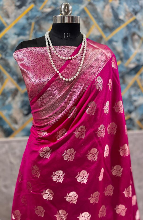 Rani Pink Banarasi Mashru Inspired Semi Mango Dupion Silk Saree