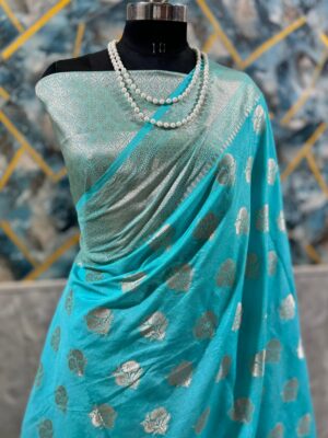 Aqua Blue Banarasi Mashru Inspired Semi Mango Dupion Silk Saree