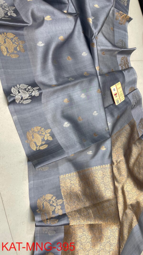 Grey Pure Raw Mango Silk Saree with Mashru Border | Handloom Satin Silk | Silk Mark Certified