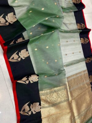 Pista Green and Black Pure Handloom Tissue Silk Saree with Antique Zari – Silk Mark Certified