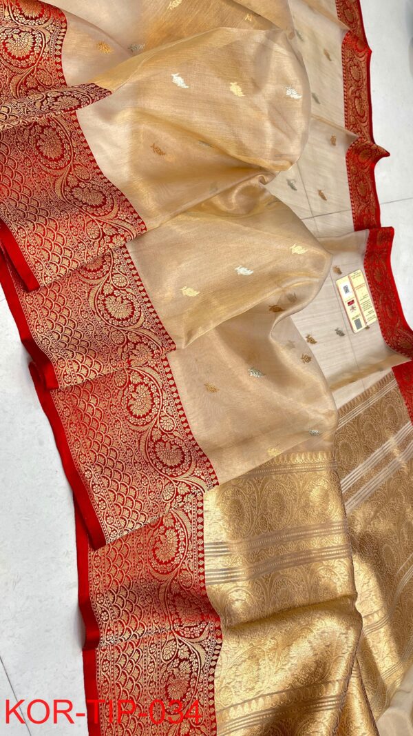 Beige and Red Pure Handloom Tissue Silk Saree with Antique Zari – Silk Mark Certified