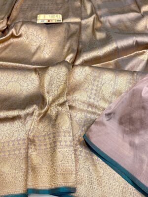 Beige and Gold Exclusive Bridal Banarasi Pure Katan Tanchui Brocade Jaal Silk Saree | Silk Mark Certified