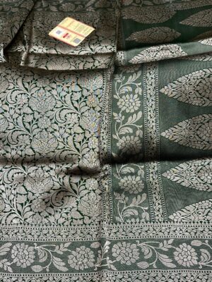 Bottle Green Exclusive Bridal Banarasi Pure Katan Tanchui Brocade Jaal Silk Saree | Silk Mark Certified