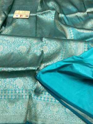 Turquoise Blue Exclusive Bridal Banarasi Pure Katan Tanchui Brocade Jaal Silk Saree | Silk Mark Certified