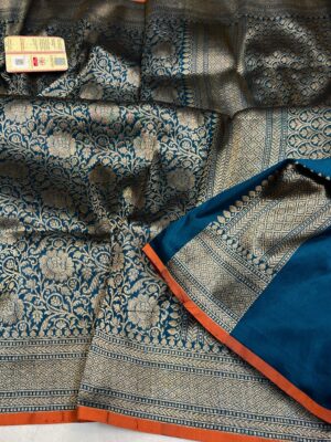 Peacock Blue Exclusive Bridal Banarasi Pure Katan Tanchui Brocade Jaal Silk Saree | Silk Mark Certified