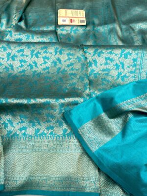 Teal Blue Exclusive Bridal Banarasi Pure Katan Tanchui Brocade Jaal Silk Saree | Silk Mark Certified