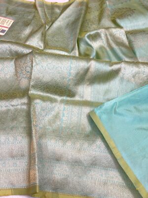Sky Blue Exclusive Bridal Banarasi Pure Katan Tanchui Brocade Jaal Silk Saree | Silk Mark Certified