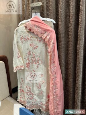 Cream White And Pink Maria Readymade Georgette Embroidered Suit Set