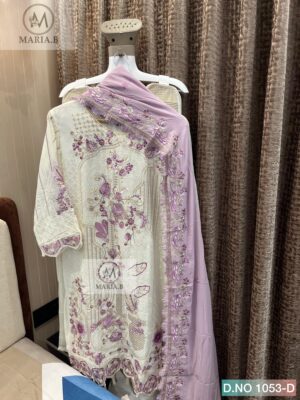 Cream White And Light Purple Maria Readymade Georgette Embroidered Suit Set