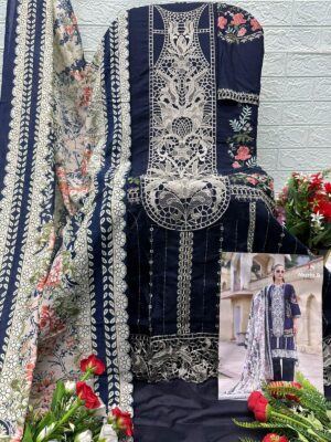 Navy Blue MARIAB LUXE-3 by Deepsy Suits – Pure Cotton Embroidered Suit Set with Digital Print Dupatta