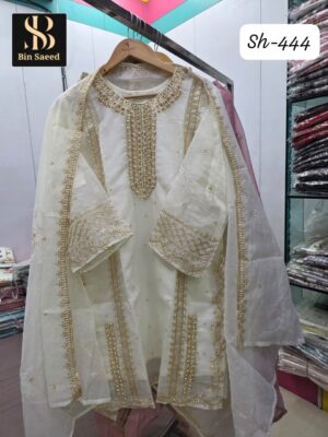 White Bin Saeed SH-444 Readymade Original Suit with Heavy Handwork & Jacquard Garara – XL