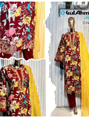Maroon Luxury Bursh Print Premium Rayon Long Top Pant Set with Chiffon Dupatta