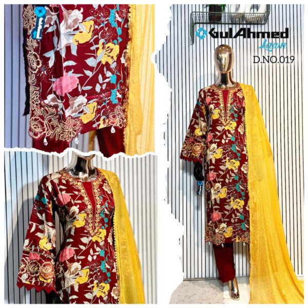 Maroon Luxury Bursh Print Premium Rayon Long Top Pant Set with Chiffon Dupatta