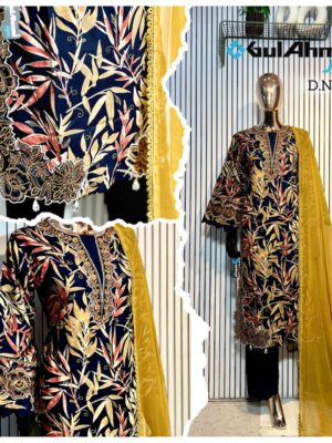 Navy Blue Luxury Bursh Print Premium Rayon Long Top Pant Set with Chiffon Dupatta