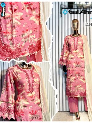 Pink Luxury Bursh Print Premium Rayon Long Top Pant Set with Chiffon Dupatta