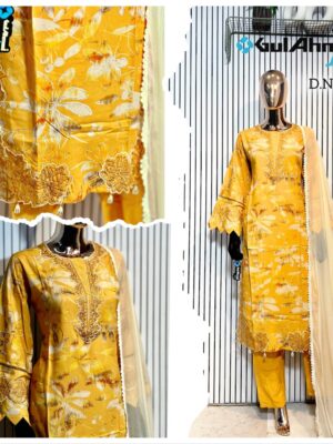 Yellow Luxury Bursh Print Premium Rayon Long Top Pant Set with Chiffon Dupatta
