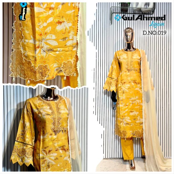 Yellow Luxury Bursh Print Premium Rayon Long Top Pant Set with Chiffon Dupatta