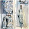 Light Blue Luxury Bursh Print Premium Rayon Long Top Pant Set with Chiffon Dupatta