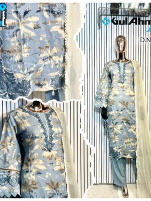 Light Blue Luxury Bursh Print Premium Rayon Long Top Pant Set with Chiffon Dupatta