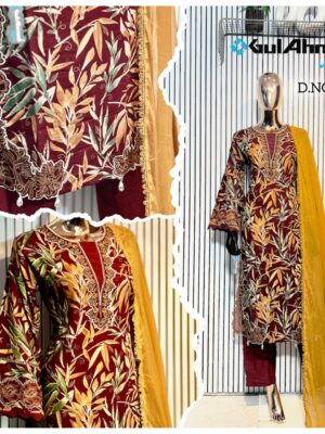 Maroon Luxury Bursh Print Premium Rayon Long Top Pant Set with Chiffon Dupatta