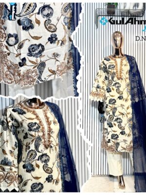 Cream or White Luxury Bursh Print Premium Rayon Long Top Pant Set with Chiffon Dupatta