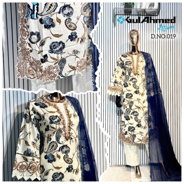 Cream or White Luxury Bursh Print Premium Rayon Long Top Pant Set with Chiffon Dupatta