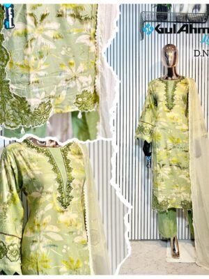 Light Green Luxury Bursh Print Premium Rayon Long Top Pant Set with Chiffon Dupatta