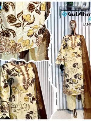 Cream with Brown Luxury Bursh Print Premium Rayon Long Top Pant Set with Chiffon Dupatta