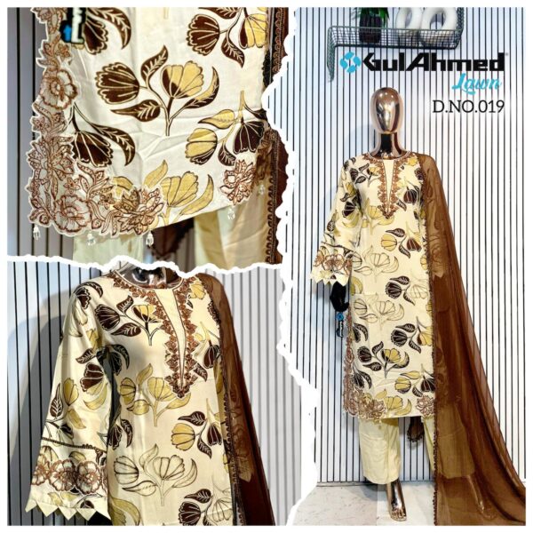 Cream with Brown Luxury Bursh Print Premium Rayon Long Top Pant Set with Chiffon Dupatta